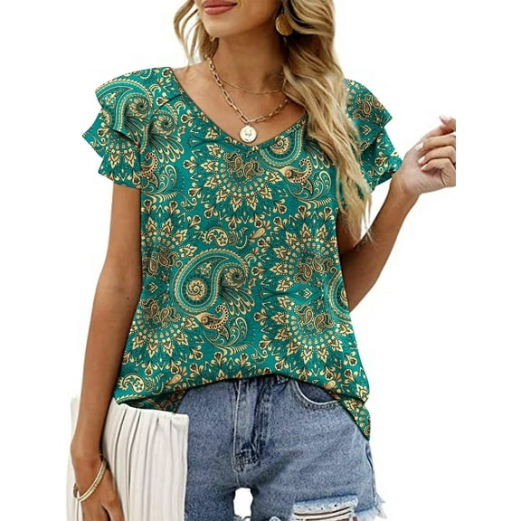 Mengpipi Womens Tops Summer Double Ruffle Short Sleeve V-Neck Casual Blouses, White Blue-3XL(US 24-26)