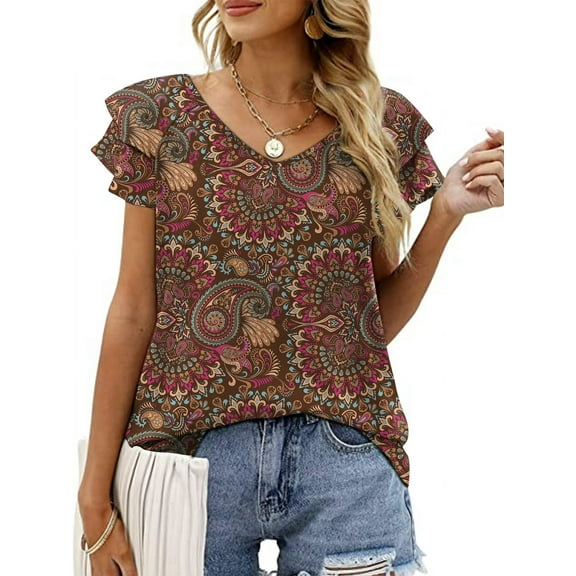 Mengpipi Womens Tops Summer Double Ruffle Short Sleeve V-Neck Casual Blouses, White Blue-3XL(US 24-26)