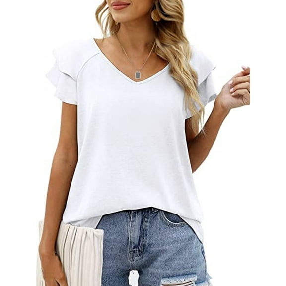 Mengpipi Womens Tops Summer Double Ruffle Short Sleeve V-Neck Casual Blouses, White-XL(US 16-18)