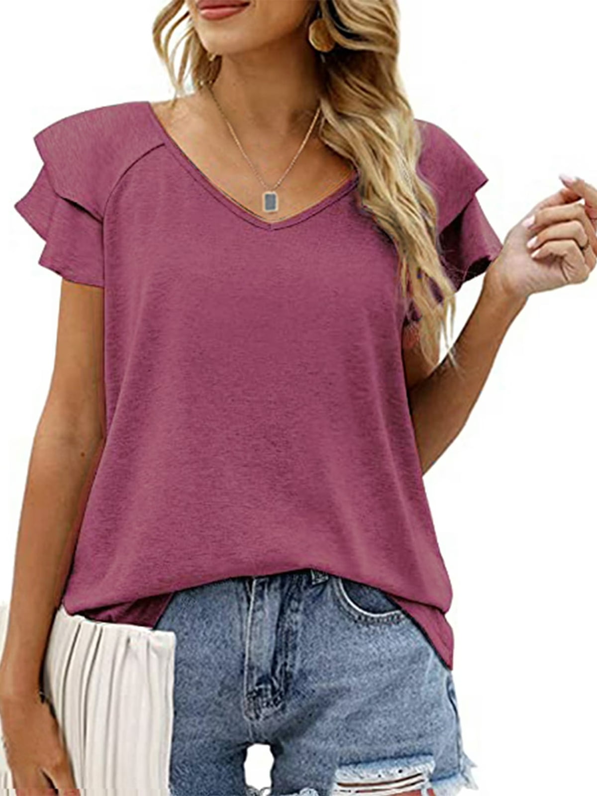 Mengpipi Women's Summer Clothing: Double Ruffle Short Sleeve V