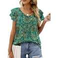 thumbnail image 1 of Mengpipi Womens Tops Summer Double Ruffle Short Sleeve V-Neck Casual Blouses, White Blue-3XL(US 24-26), 1 of 9