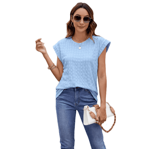 Mengpipi Womens Tops Textured Cap Sleeve Lightweight Casual Knit Shirts S-XXL
