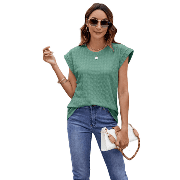 Mengpipi Womens Tops Textured Cap Sleeve Lightweight Casual Knit Shirts S-XXL