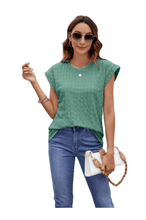 Womens Tops Textured Cap Sleeve Lightweight Casual Knit Shirts S-XXL