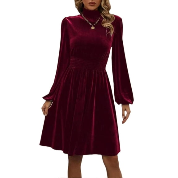 Mengpipi Womens Velvet Dresses Long Sleeve Mock Neck Wedding Guest Fall Formal Dress, S-XL