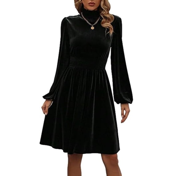 Mengpipi Womens Velvet Dresses Long Sleeve Mock Neck Wedding Guest Fall Formal Dress, S-XL