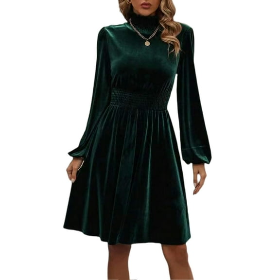 Mengpipi Womens Velvet Dresses Long Sleeve Mock Neck Wedding Guest Fall Formal Dress, S-XL