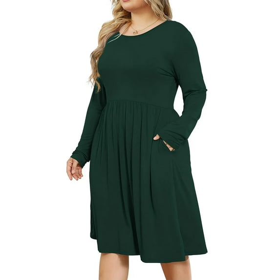 Mengpipi Womens's Plus Size Casual Long Sleeves Dress Crew Neck Loose Midi Dress with Pockets, 2X-5X