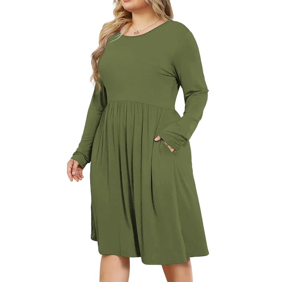 Mengpipi Womens's Plus Size Casual Long Sleeves Dress Crew Neck Loose Midi Dress with Pockets, 2X-5X