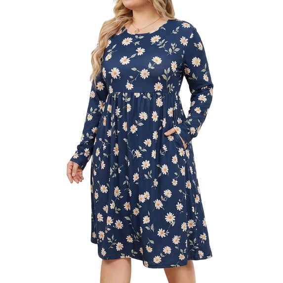 Mengpipi Womens's Plus Size Casual Long Sleeves Dress Crew Neck Loose Midi Dress with Pockets, 2X-5X