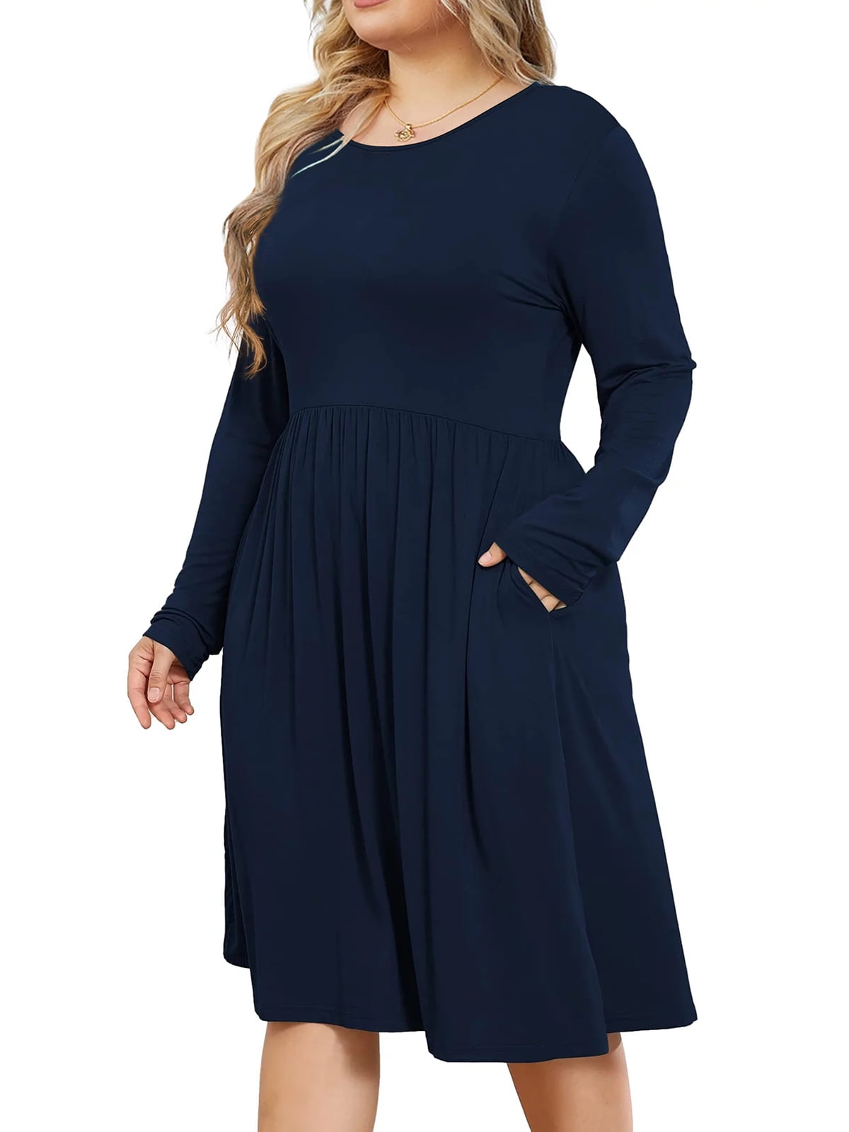 Plus Size Long Sleeves Round Neck Midi Dresses