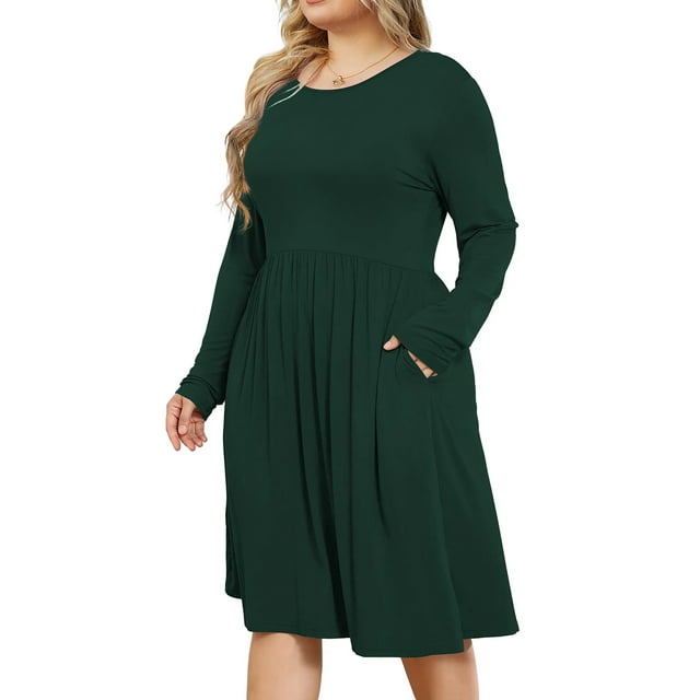 Mengpipi Womens's Plus Size Casual Long Sleeves Dress Crew Neck Loose ...