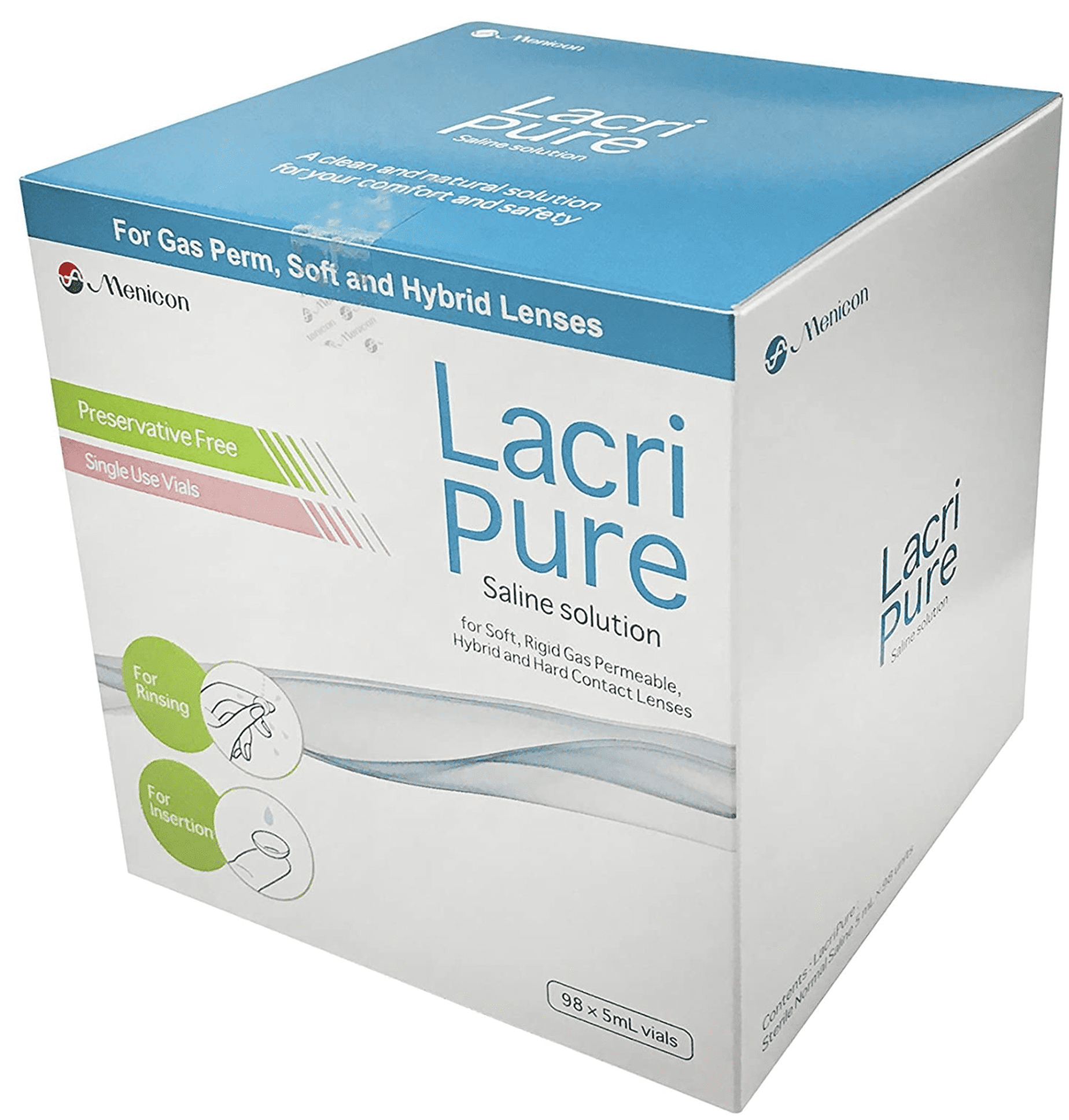 Menicon LacriPure Saline Contact Lens Solution, For Lens Rinse Insertion, 98 Vials, 5ml