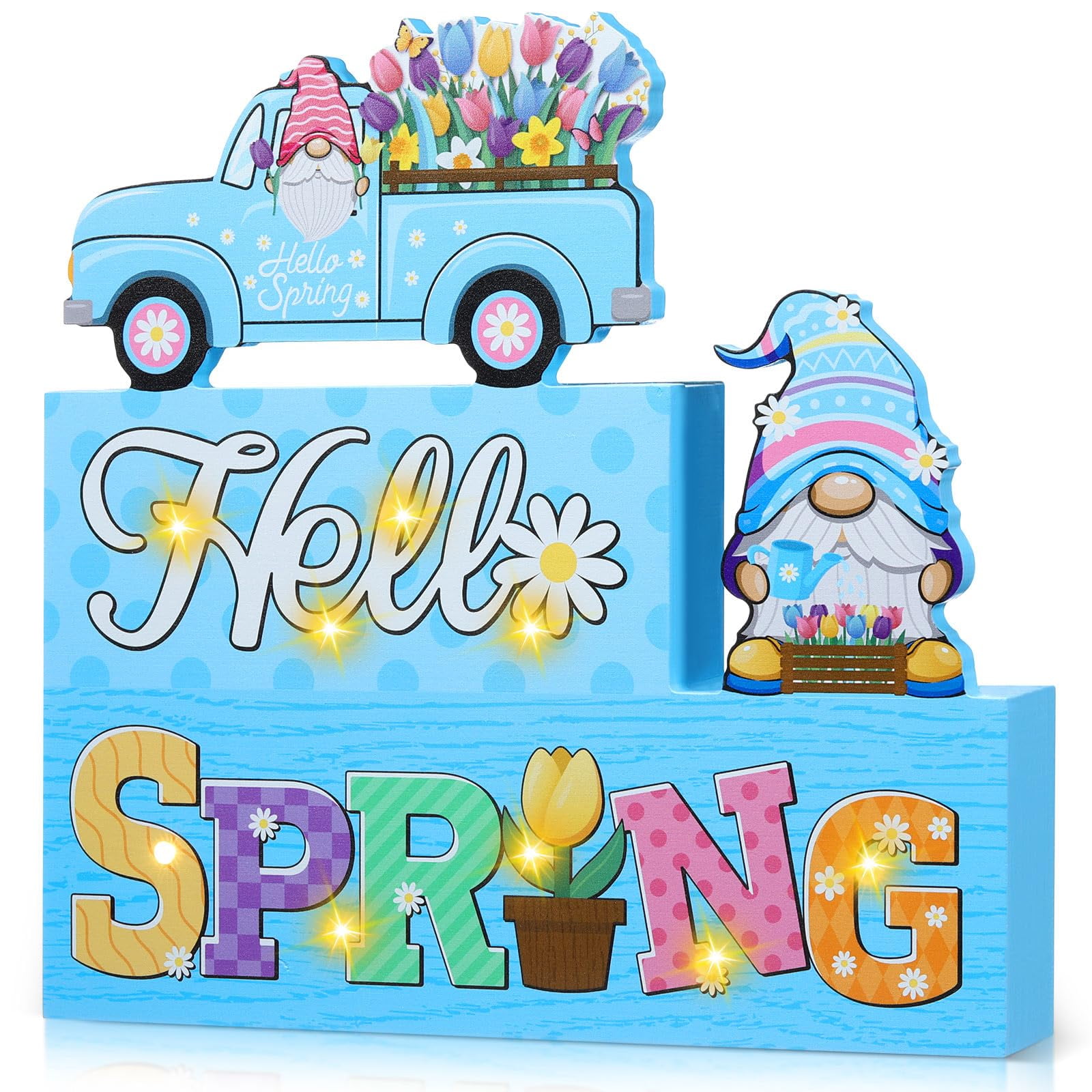 Menkxi Hello Spring Table Sign Deco with Lights LED Wooden Spring Table ...