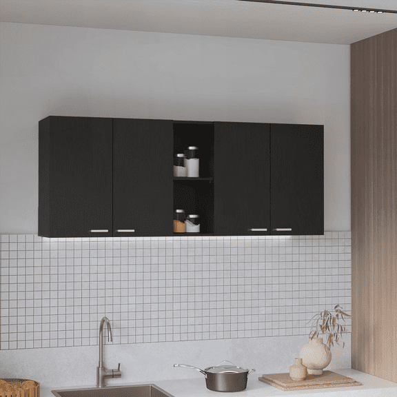 Menlo 59-Inch Four Swing-Door Wall Cabinet - Black Wengue Finish for Bathroom & Kitchen Storage