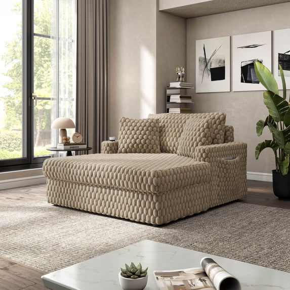 Menni Modern Soft Faux Fur Upholstered 2-Arm Oversized Chaise, Light Brown