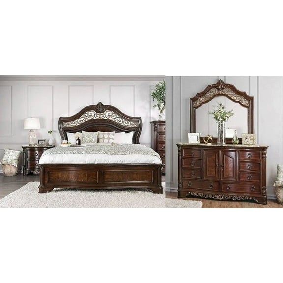Menodora Bedroom Traditional Brown Cherry Finish 4pc Set Eastern King Size Bed Dresser Mirror Nightstand Camelback HB