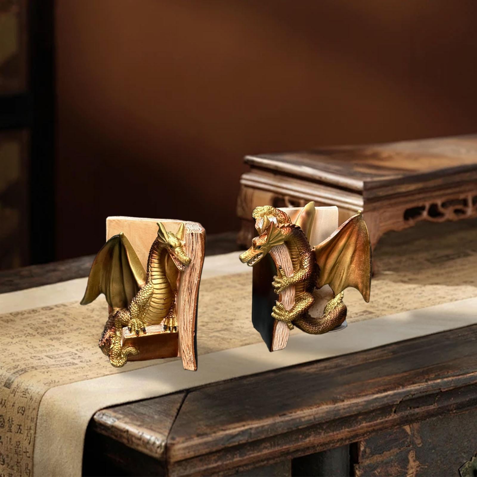 MAZERAN 3D Dragon Bookend - Fantasy Shelf Decor, Heavy Resin Statue, Book & Game Holder