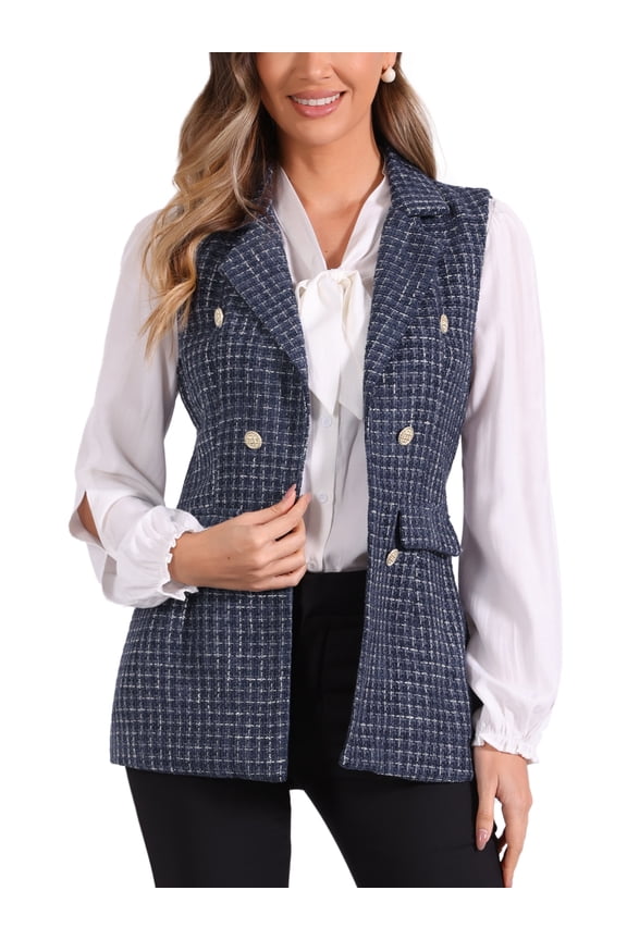 Women's Plaid Tweed Lapel Open Front Sleeveless Blazer Vest Jacket with Pocket L Navy Blue