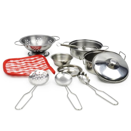 Menolana Play Stainless Steel Cookware Pots Pans Cooking Utensil Kitchen Set Kids Preschool Basic Life Skills Development Toy