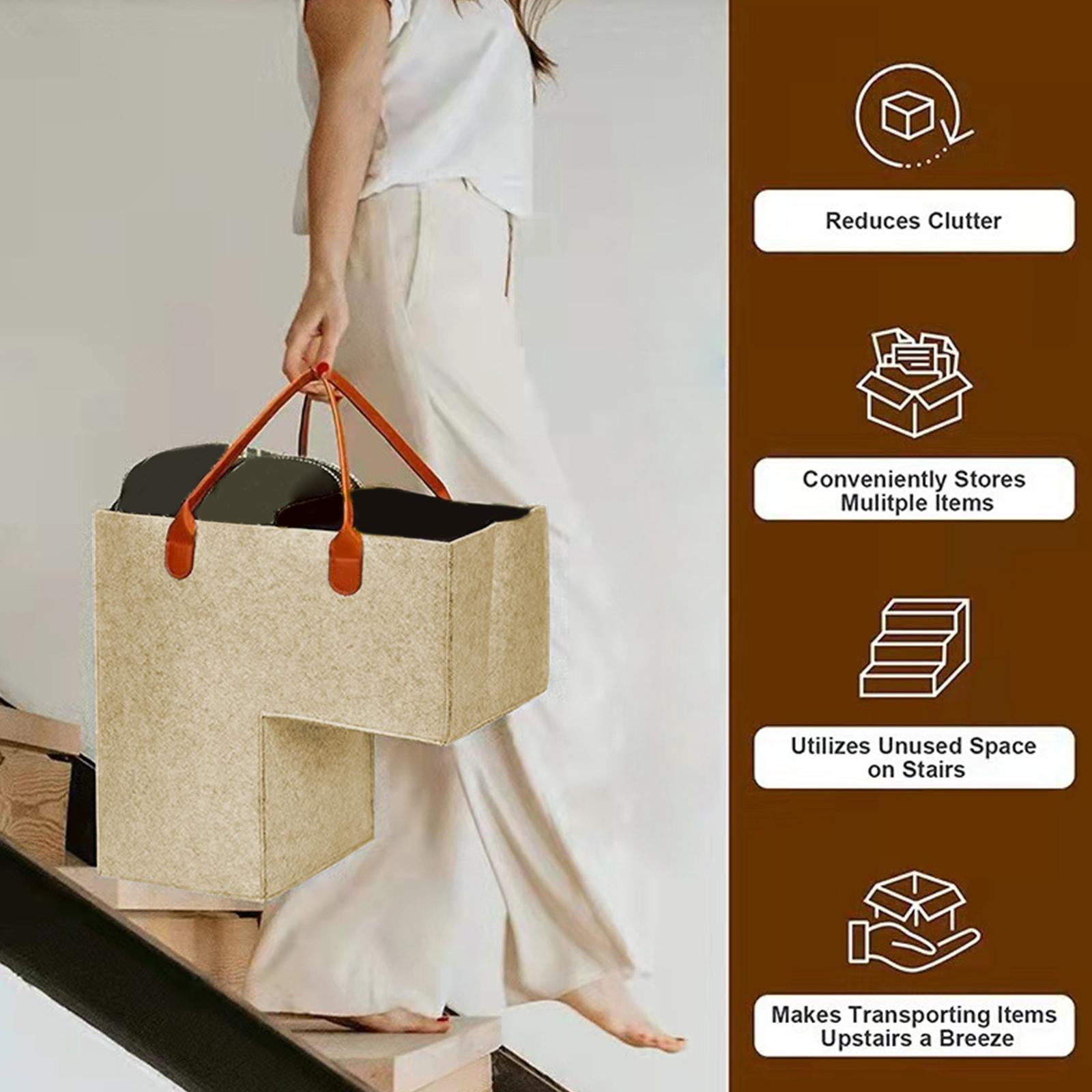 Menolana Stair Basket for Carpeted Stairs and Wooden Stairs, Felt Staircase Storage Organizer with Handles for Laundry, Toys beige