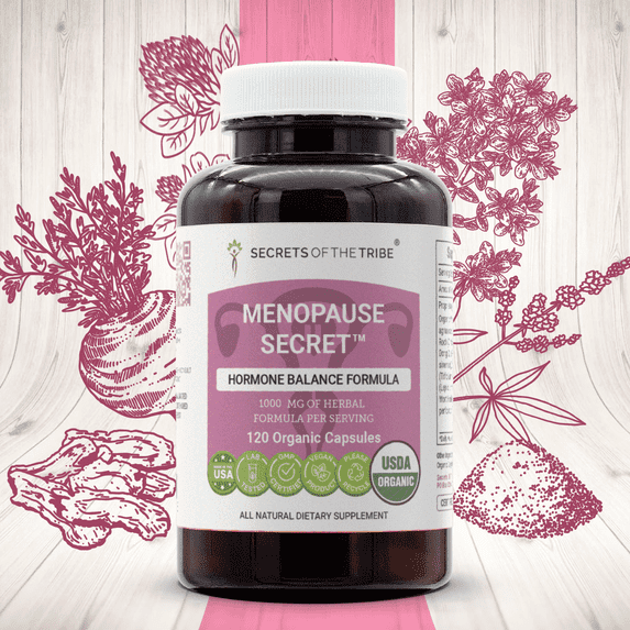 Secrets of the Tribe Menopause Secret Organic Capsules Dietary Supplement, Natural Herb Blend, Made from USDA Certified Organic Vitex, Black Cohosh, Dong Quai, Red Clover Herb, Maca 120 Count