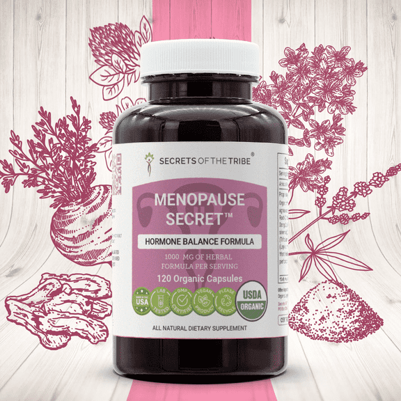 Secrets of the Tribe Menopause Secret Organic Capsules Dietary Supplement, Natural Herb Blend, Made from USDA Certified Organic Vitex, Black Cohosh, Dong Quai, Red Clover Herb, Maca 120 Count