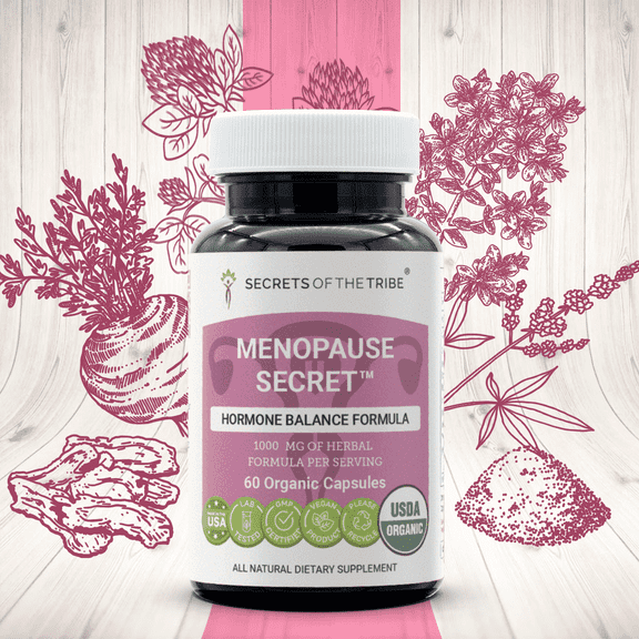 Secrets of the Tribe Menopause Secret Organic Capsules Dietary Supplement, Natural Herb Blend, Made from USDA Certified Organic Vitex, Black Cohosh, Dong Quai, Red Clover Herb, Maca 60 Count