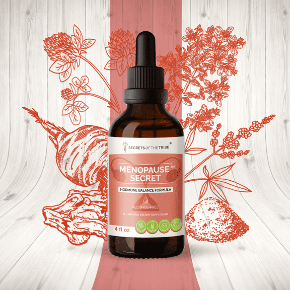 Secrets Of The Tribe Menopause Secret Blend Tincture Dietary Supplement, Natural Extract, Made from Black Cohosh, Vitex, Red Clover, Maca, Dong Quai, St. John's Wort 4 oz