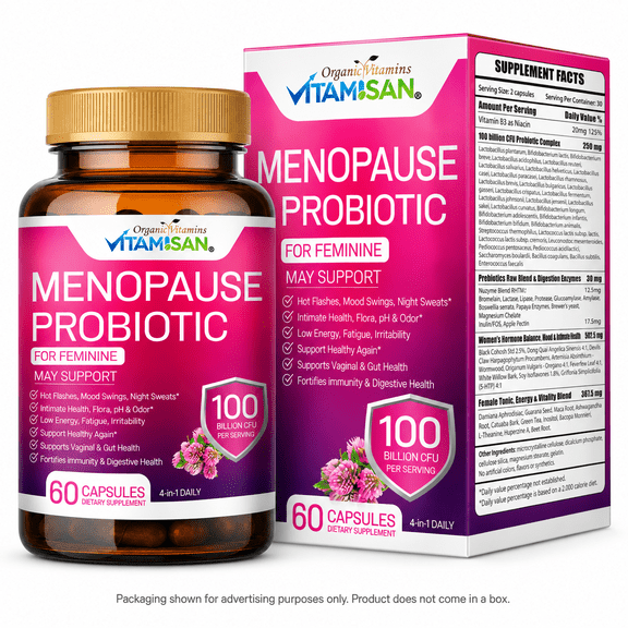 Menopause Supplements for Women - Natural Ingredients & Probiotics, Hot Flashes, Night Sweats, Balance & Energy Support, No Artificial Flavors - 60 Capsules