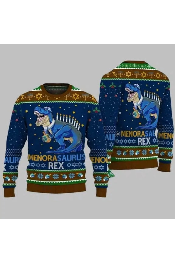 Menora Saurus Rex 3D Christmas Sweater