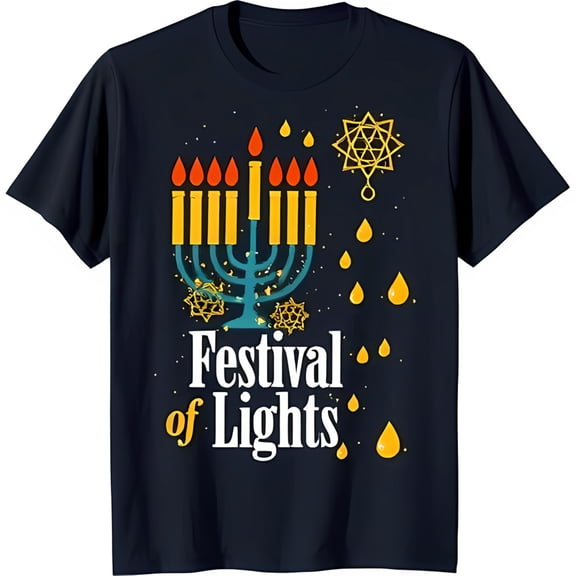 Menorah Graphic T-Shirt Festival of Lights Design on Dark Blue Tee