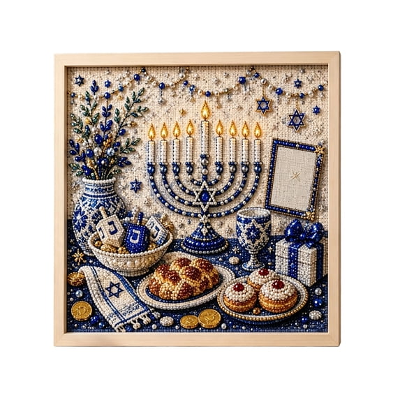 Menorah Hanukkah Pattern 2D Diamond Painting DIY Kit Full Rhinestone Drill Art Set for Indoor Wall Decoration Holiday Handcraft and Gift Making (A)