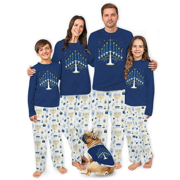 Menorah Matching Family Pajamas Hanukkah, White And Blue Hanukkah PJ Set With Pockets, Family And Dog Size