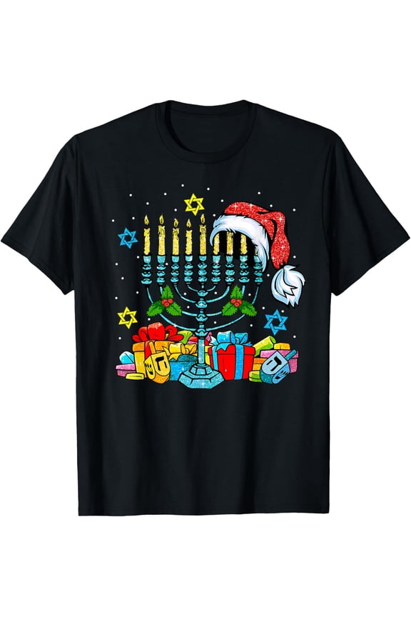 Menorah Santa Hat Chanukah Hanukkah Jewish Christmas Pajama T-ShirtMen and women, White Black T-shirt, size: Extra large S-4XL