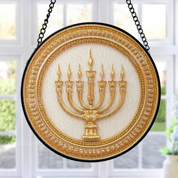 Menorah Stained Glass Suncatcher Metal Outdoor Decor Hanukkah Gold