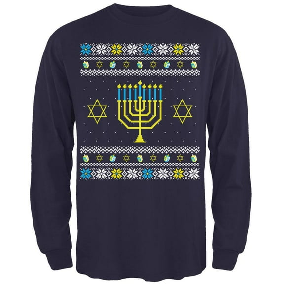 Menorah Ugly Hanukkah Sweater Mens Long Sleeve T Shirt Navy 3X-LG