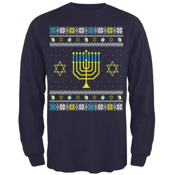 Menorah Ugly Hanukkah Sweater Mens Long Sleeve T Shirt Navy LG