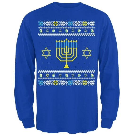 Menorah Ugly Hanukkah Sweater Royal Adult Long Sleeve T-Shirt - X-Large