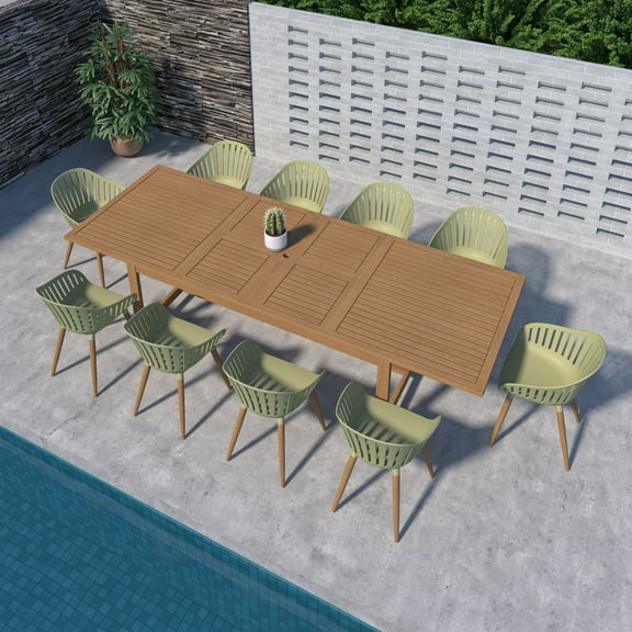Menorca 11-Piece Teak Finish Wood FSC Certified and Aluminum Extendable Patio Dining Set With Green Chairs