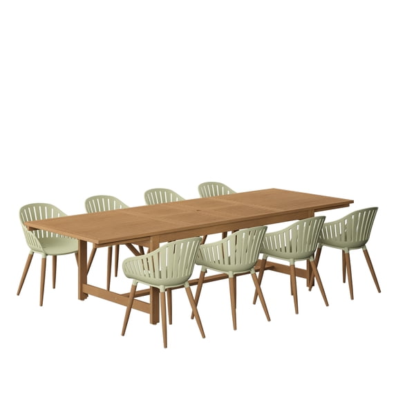 Menorca 11-Piece Teak Finish Wood FSC Certified and Aluminum Extendable Patio Dining Set With Green Chairs