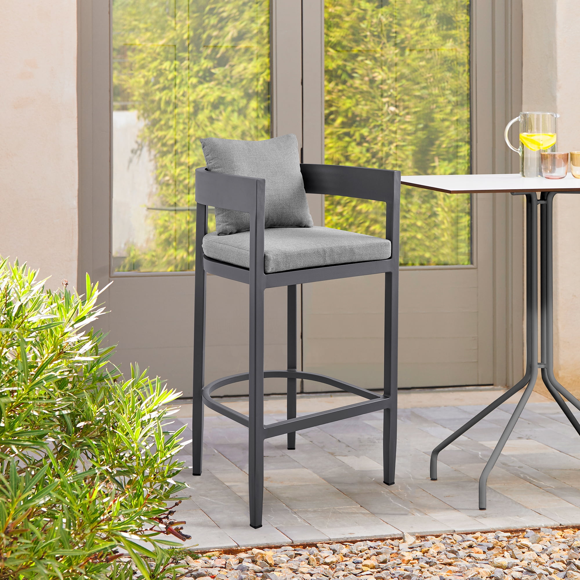Menorca Outdoor Patio Counter Height Bar Stool in Aluminum with Gray Cushions - Set of 4