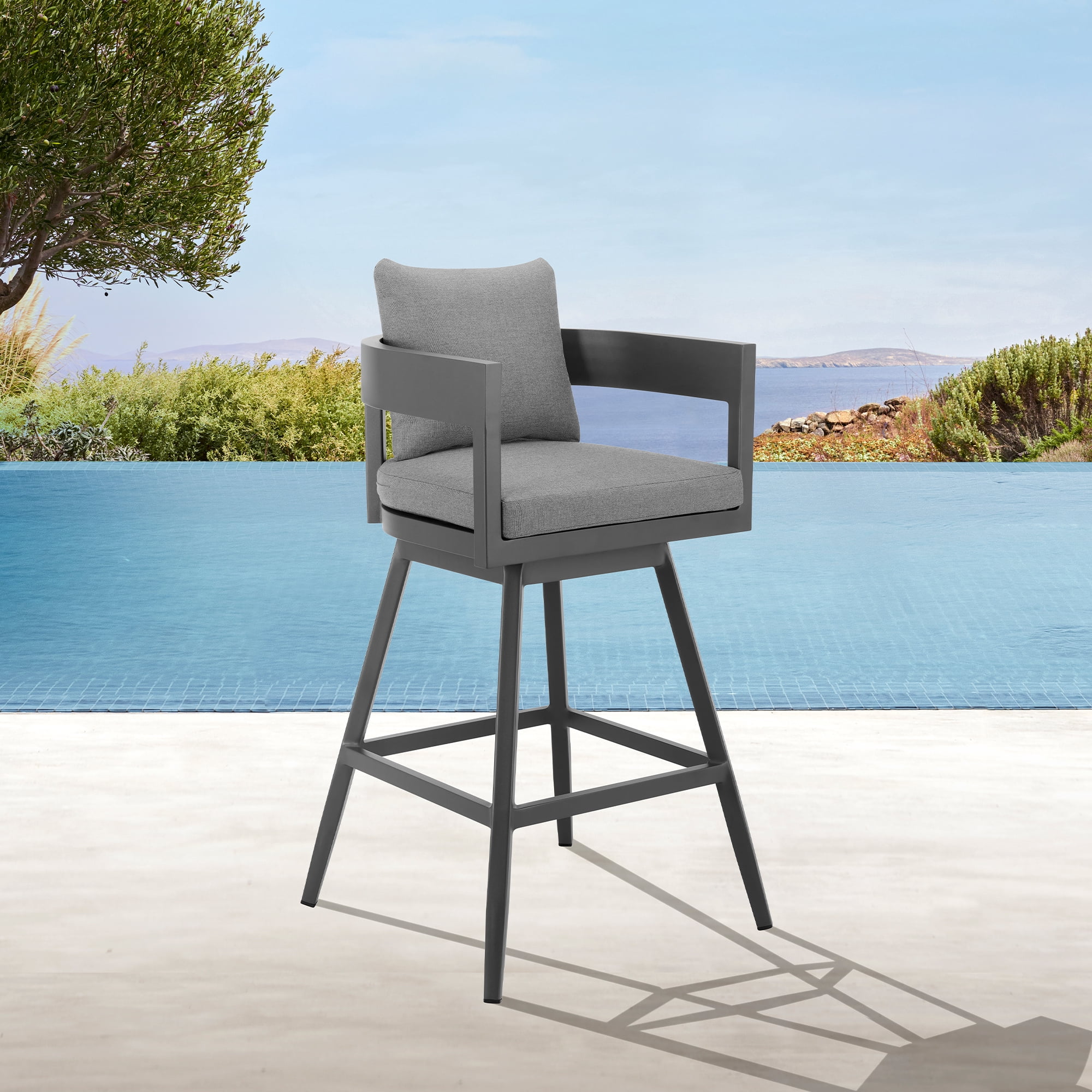Menorca Outdoor Patio Swivel Counter Stool in Aluminum with Gray Cushions - Set of 2