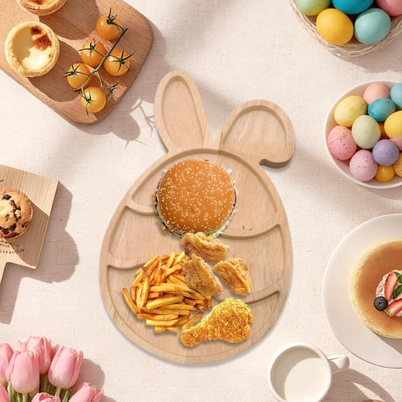 Menrkoo Easter Bunny Tray Fruit Dessert Plates Baby Food Tray Adorable Wooden Decor Khaki