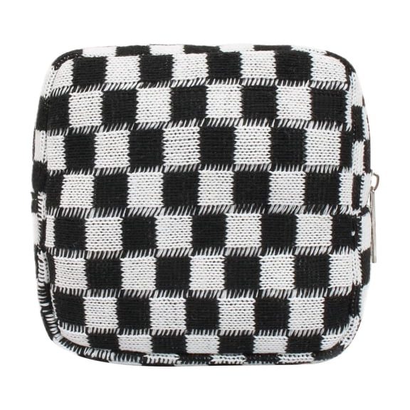 Menrkoo Knit Coin Purse Checkerboard Portable Large Capacity Storage Bag Monthly Handbag Lipstick Storage Makeup Bag Black