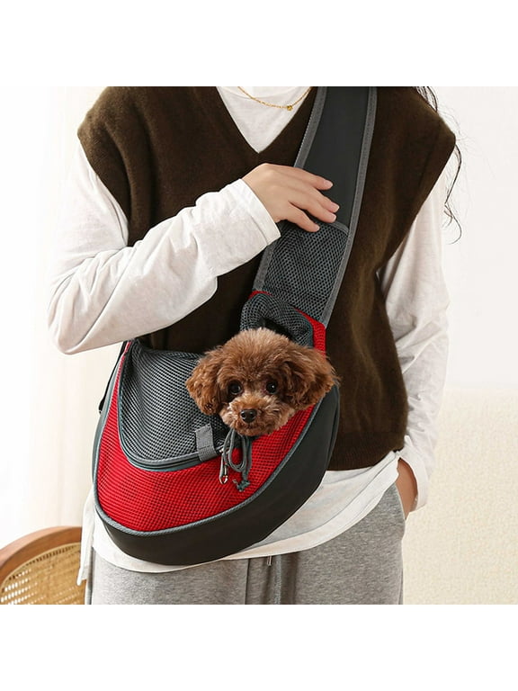 Small Pet Dog Sling Carrier Breathable Mesh Travelling Pet Hands- Sling Bag Adjustabled Padded Strap Front Pouch Shoulder Bag For Dogs Cats Red Free Size