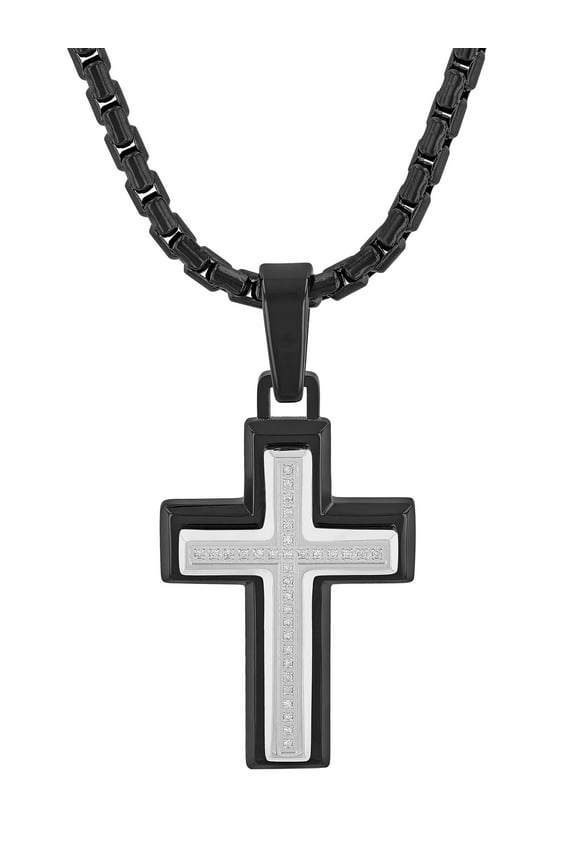 Mens 1/10 ctw Diamond Black Stainless Steel Cross Pendant Necklace