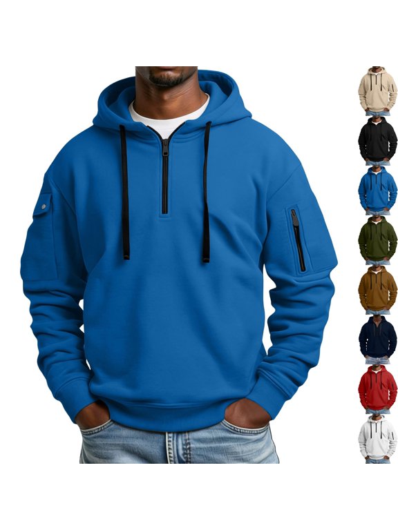 Mens 1/4 Zip Hooded Sweatshirt Fleece Pullover Warm Thermal Windproof Midlayer Jacket with Zipper Arm Pockets for Travel Running Cool Weather, Blue, XL