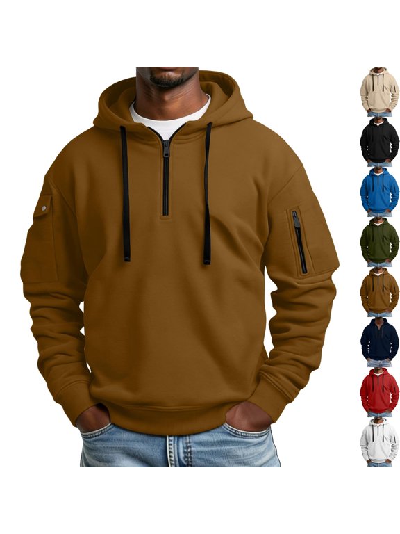 Mens 1/4 Zip Hooded Sweatshirt Fleece Pullover Warm Thermal Windproof Midlayer Jacket with Zipper Arm Pockets for Travel Running Cool Weather, Khaki, S