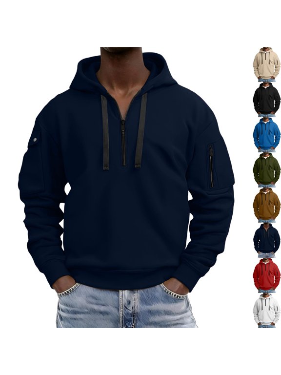 Mens 1/4 Zip Hooded Sweatshirt Fleece Pullover Warm Thermal Windproof Midlayer Jacket with Zipper Arm Pockets for Travel Running Cool Weather, Navy, L